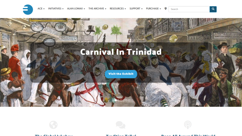 Website homepage featuring Carnival in Trinidad exhibit with navigation menu and search bar