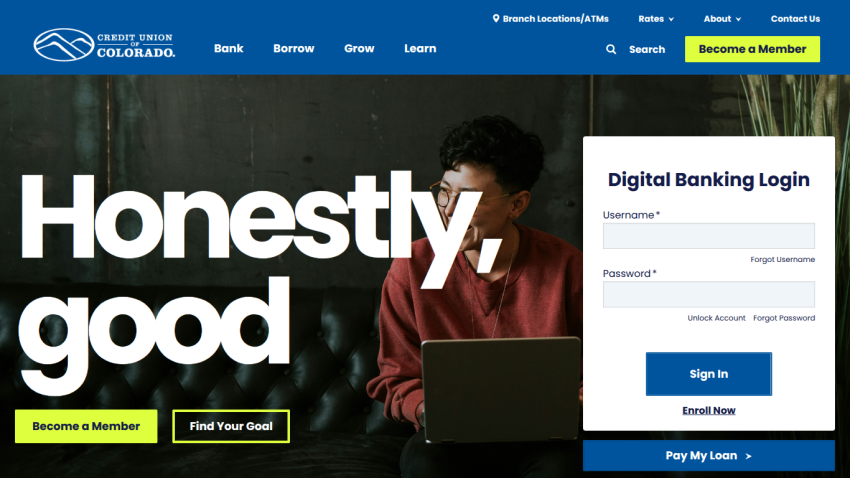 Credit Union of Colorado homepage with navigation, large headline 'Honestly, good', member and goal buttons, and digital banking login form