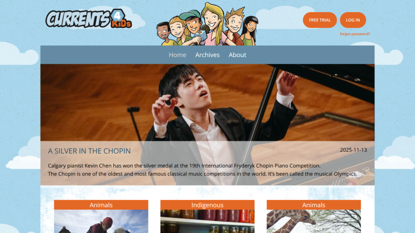 Currents 4 Kids homepage featuring news about pianist Kevin Chen winning silver at Chopin competition, with navigation and sign-in options