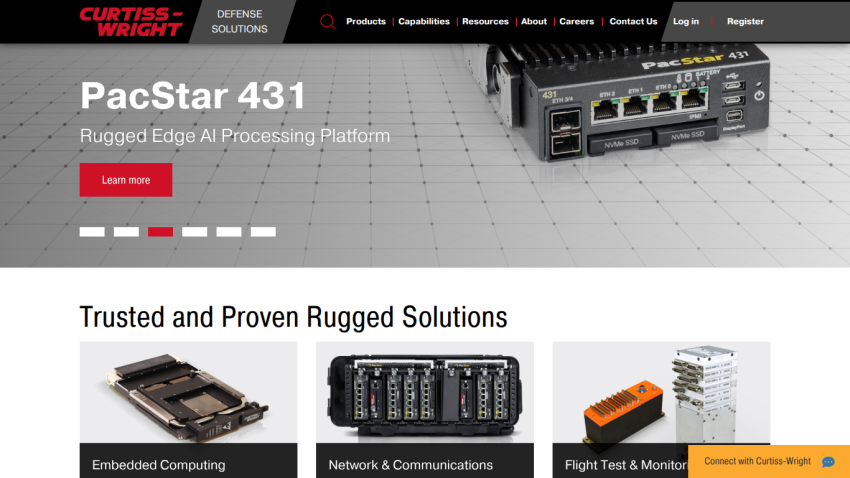 Curtiss-Wright website featuring PacStar 431 rugged edge AI processing platform with navigation menu and trusted rugged solutions