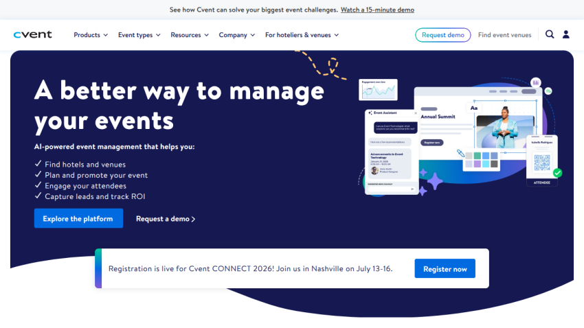 Event management platform homepage with headline, benefits list, and registration button for CONNECT 2020 event