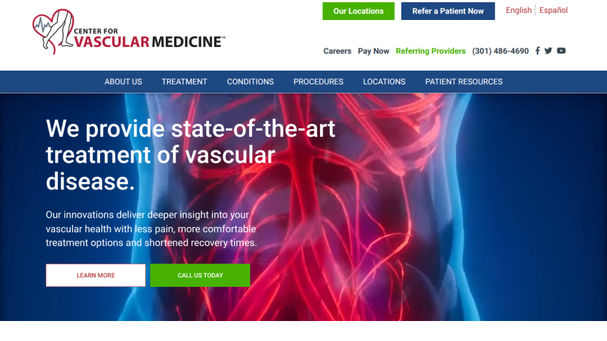 Center for Vascular Medicine homepage with navigation and hero text about state-of-the-art vascular disease treatment