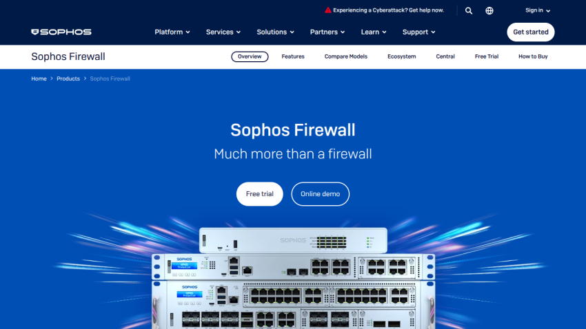 Sophos Firewall product page with a blue background and key features highlighted.