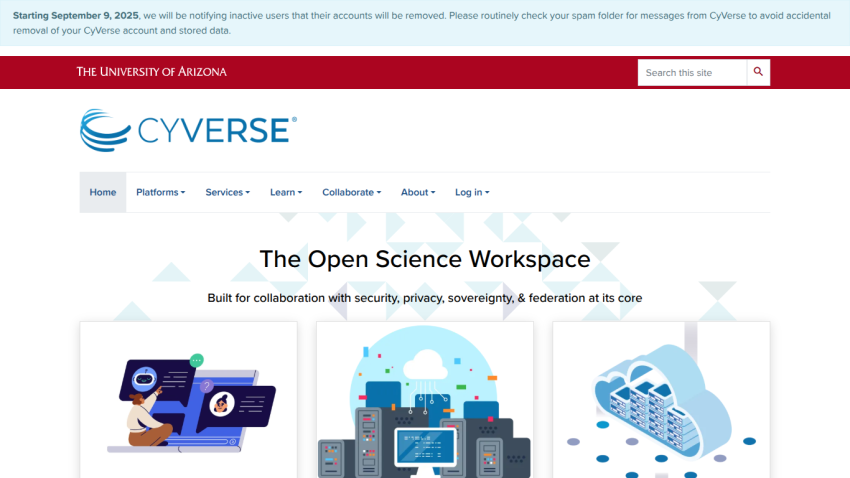 CyVerse Open Science Workspace by University of Arizona with collaboration focus on security, privacy, sovereignty, and federation
