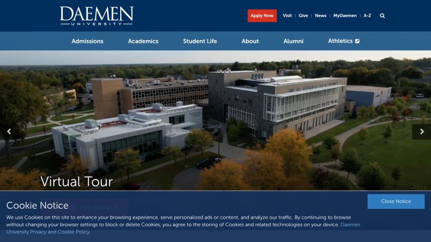 Daemen University homepage with navigation menu and aerial view of campus buildings under clear sky