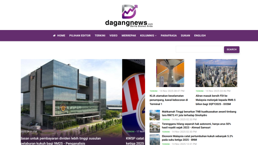 Business news site dagangnews with economic momentum headline and multiple news articles dated November 2025