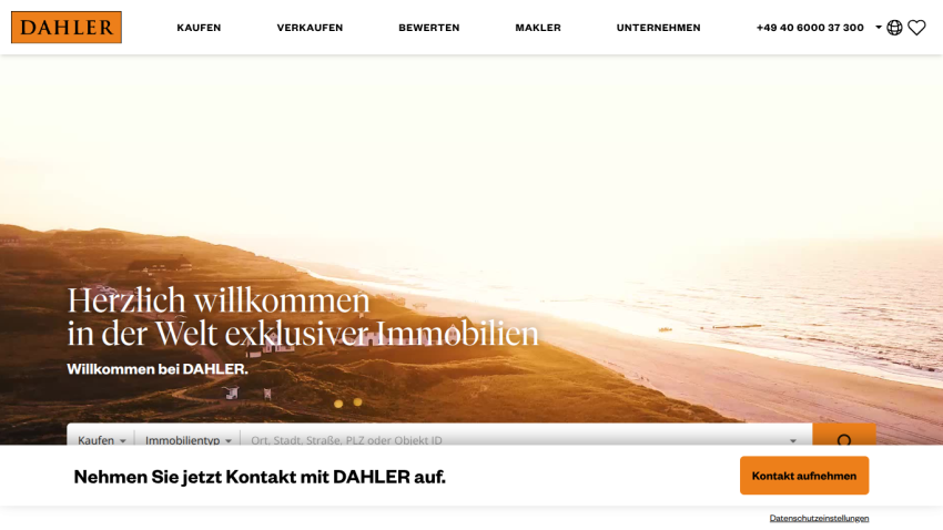 Real estate website welcoming visitors with a scenic coastal hero image and property search options