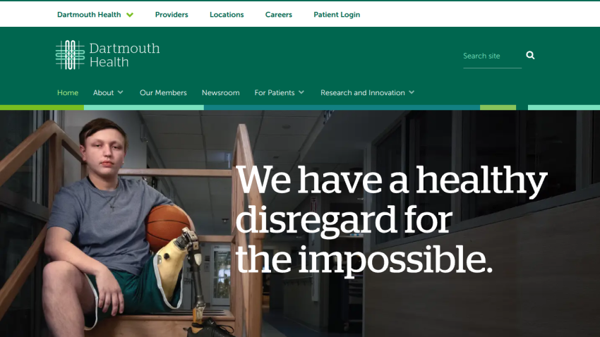 Dartmouth Health website header with navigation and hero section featuring a young man and the text 'We have a healthy disregard for the impossible.'