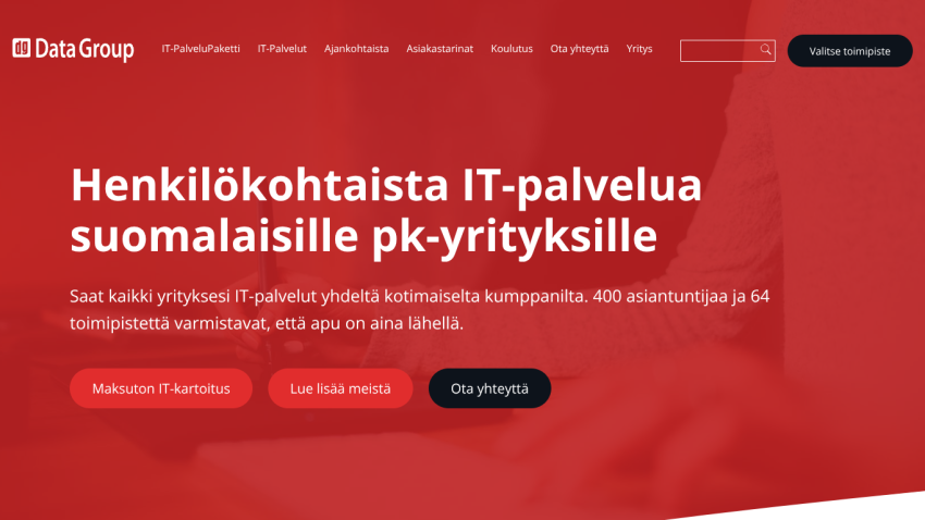 IT services for Finnish SMEs, featuring a headline and call-to-action buttons.