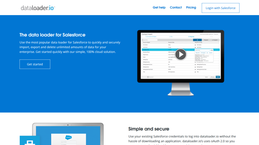 Data loader for Salesforce with a video demo and key features highlighted.