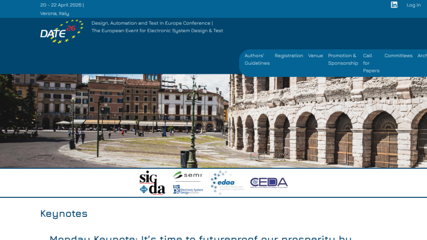 DATE 26 conference in Verona, Italy from 20-22 April 2026, focusing on electronic system design and test in Europe