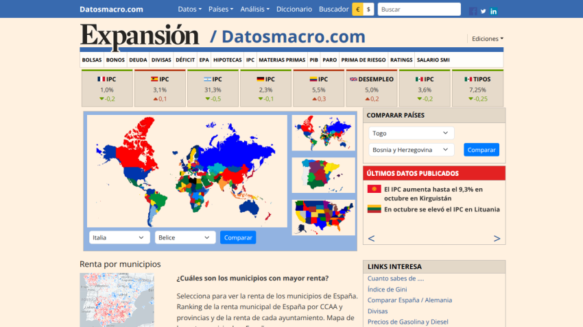 Datosmacro.com homepage showing economic indicators, country comparison maps, and recent data updates in Spanish