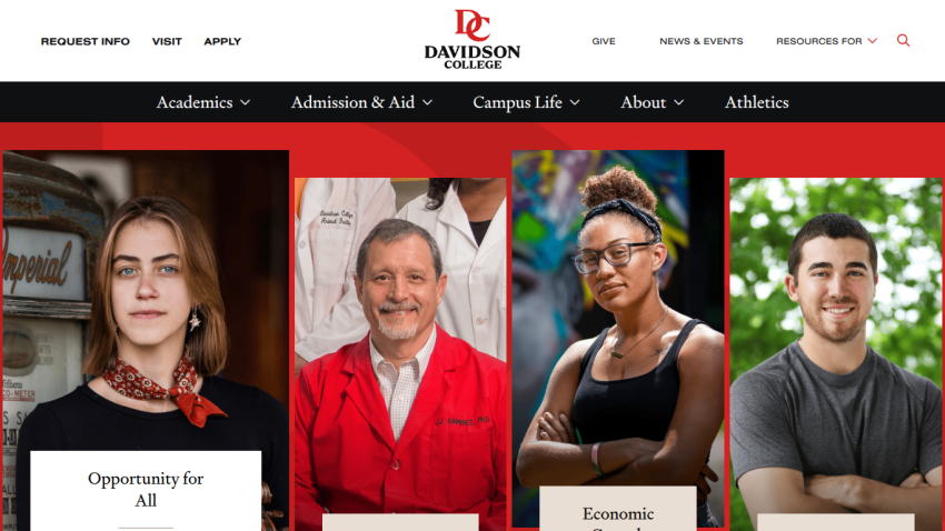 Davidson College homepage featuring diverse students and key sections: Academics, Admission & Aid, Campus Life.