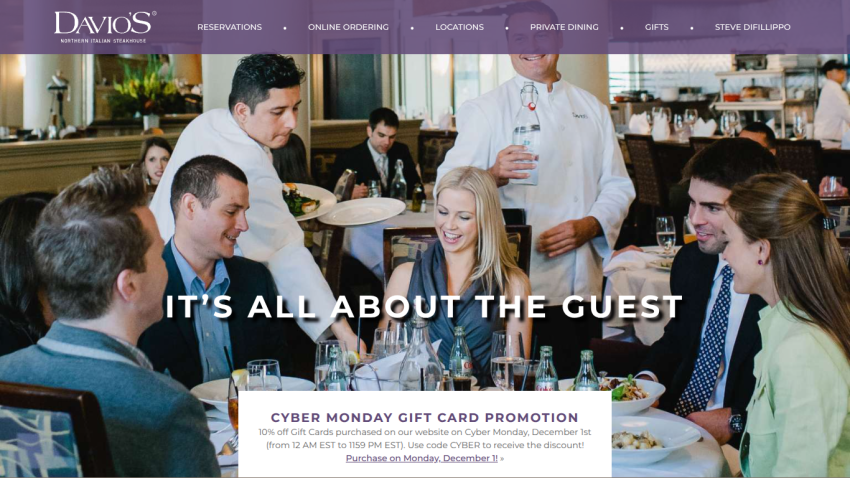 Northern Italian steakhouse Davio's with outdoor seating and Cyber Monday gift card promotion.
