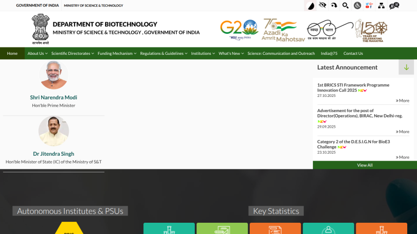 Department of Biotechnology website header with navigation, minister portraits, latest announcements, and key statistics section