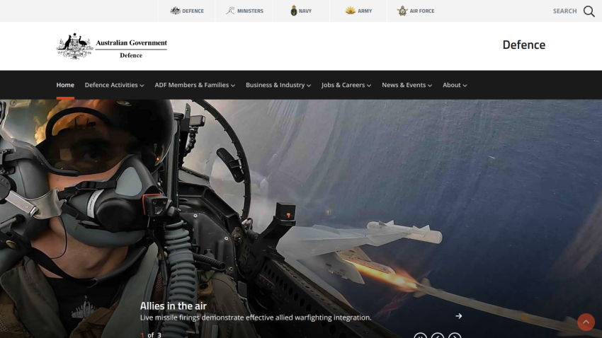 Australian Government Defence website featuring a pilot and military aircraft in action.