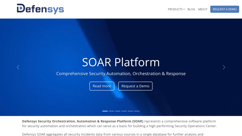 Defensys SOAR Platform homepage with security automation and orchestration overview and call-to-action buttons
