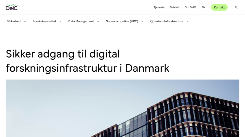 Secure access to digital research infrastructure in Denmark with a modern building image.