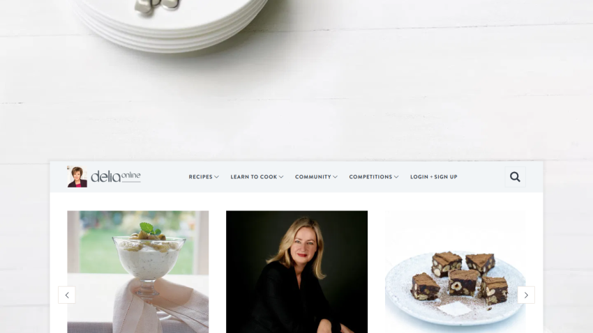 Homepage featuring a dessert recipe, a portrait, and a dessert display.
