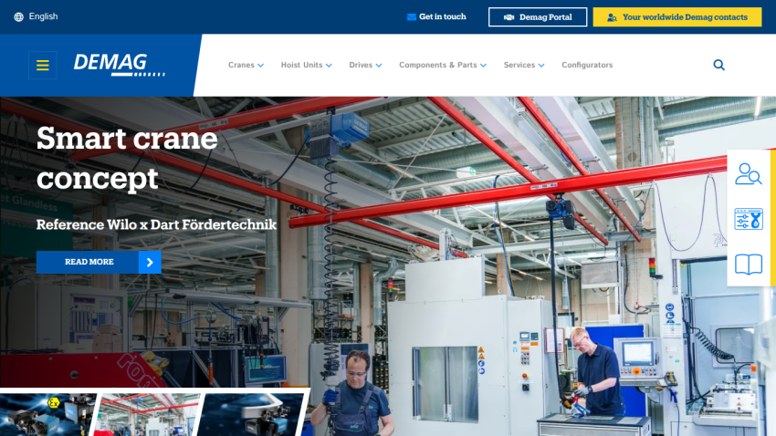 Demag website featuring smart crane concept with industrial machinery and workers in a factory setting.