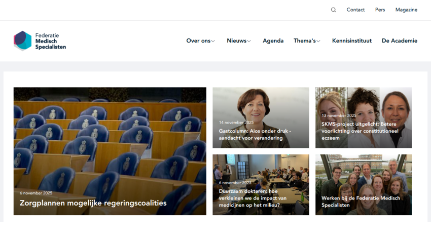 Federatie Medisch Specialisten website showing news articles on healthcare plans, environmental impact of medicines, and professional updates