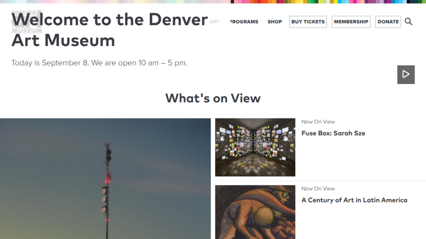 Homepage of the Denver Art Museum with opening hours and featured exhibits.