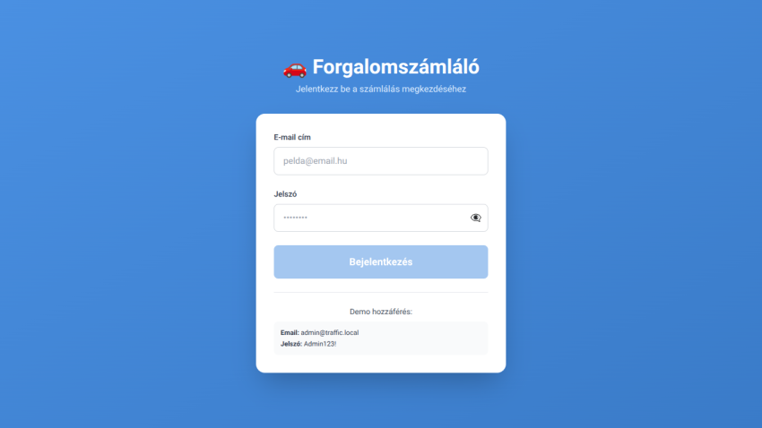 Login page for Forgalomszámláló with email and password fields and demo access info
