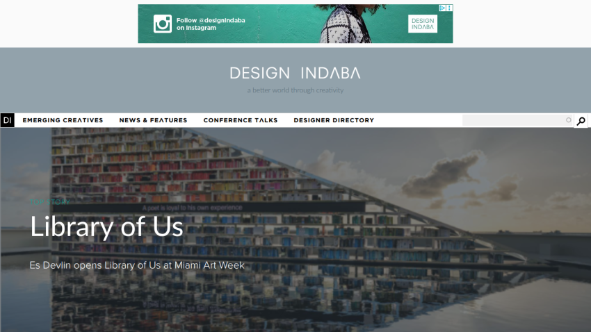 Homepage of Design Indaba featuring 'Library of Us' with a colorful building backdrop.