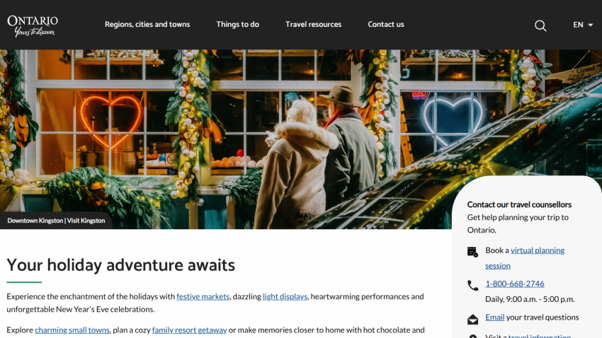 Ontario tourism website featuring a couple in winter attire with holiday lights, promoting holiday adventures and travel experiences