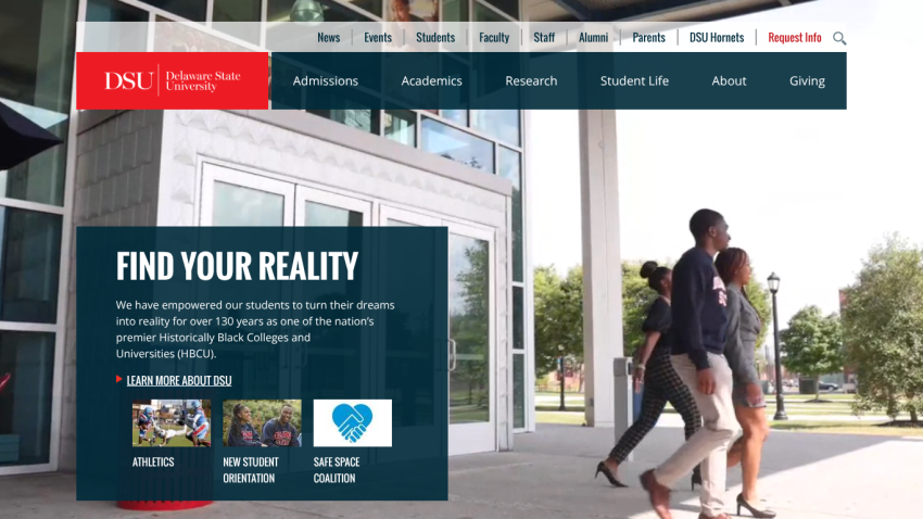 Homepage of a university featuring a call to action and images of students.