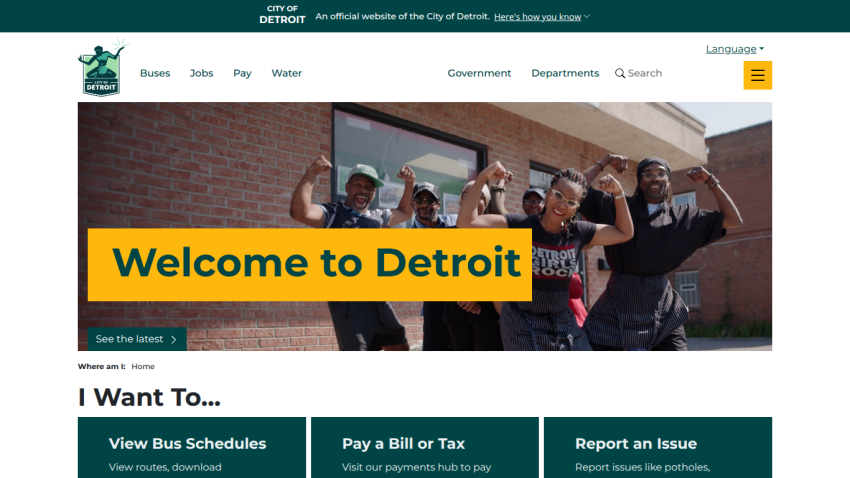 Welcome message for Detroit with options to view bus schedules, pay bills, and report issues.