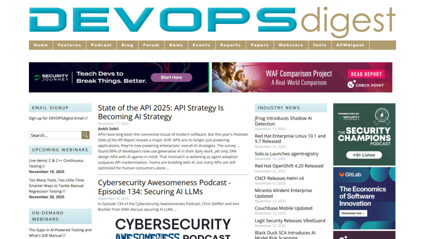 DEVOPSdigest homepage with navigation, articles on API strategy and AI security, upcoming webinars, and industry news