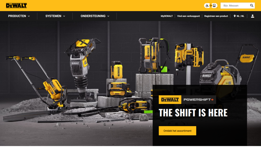 DeWalt Powershift tools displayed with headline 'The Shift Is Here' and a button to explore the assortment