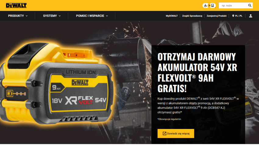 DeWALT website showing a promotion for a free 54V XR FLEXVOLT 9Ah battery with purchase