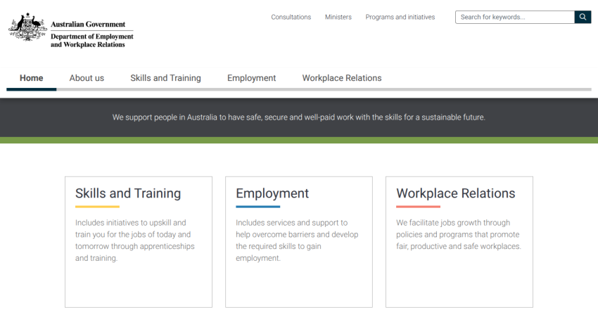 Australian Government Department of Employment, Skills, Small and Family Business homepage with sections on Skills and Training, Employment, and Workplace Relations