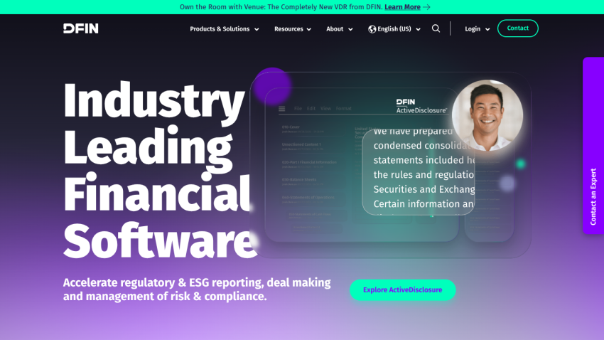Homepage of financial software company DFIN highlighting industry leadership and risk management solutions