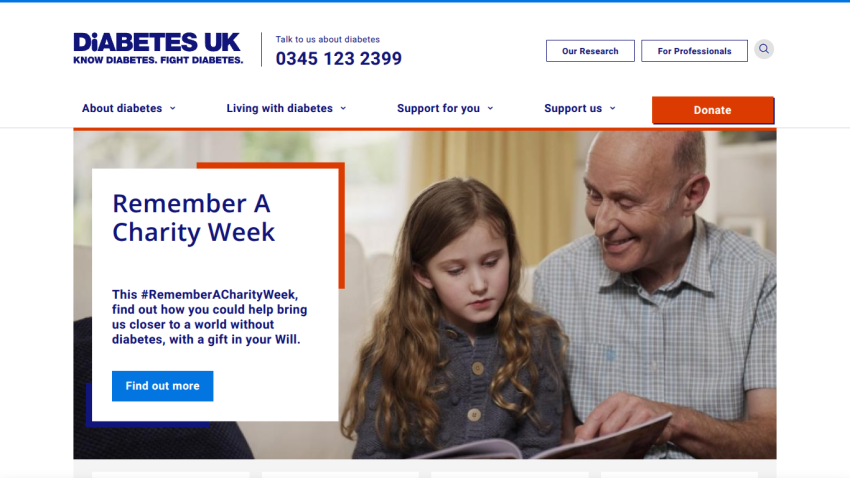 Diabetes UK homepage featuring a charity week message and a child reading with an adult.