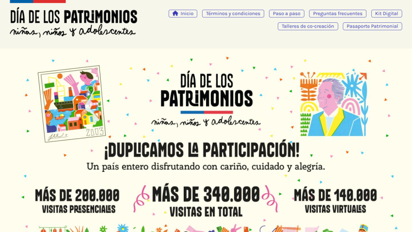 Día de los Patrimonios website promoting participation with visitor statistics and colorful illustrations.
