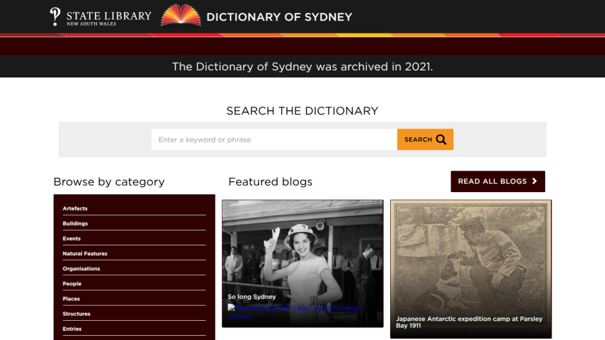 Dictionary of Sydney archived in 2021 with search bar and featured blog posts about Sydney history