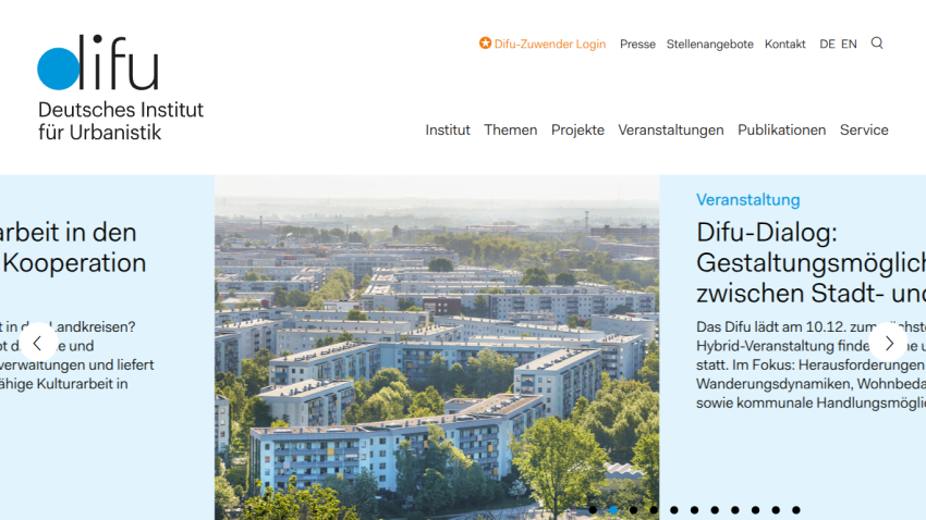 Website header and hero section of Deutsches Institut für Urbanistik with navigation and headline about cultural heritage in district administrations