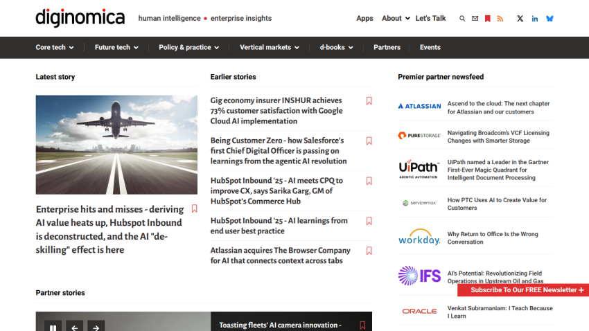 Diginomica homepage featuring latest stories and enterprise insights with an airplane image.
