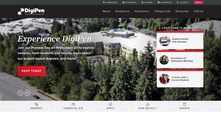 Homepage of DigiPen Institute featuring a welcome message and campus image.