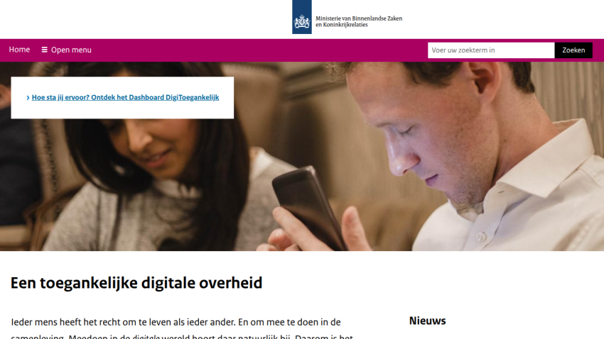 Dutch government website promoting accessible digital government with search bar and navigation menu.
