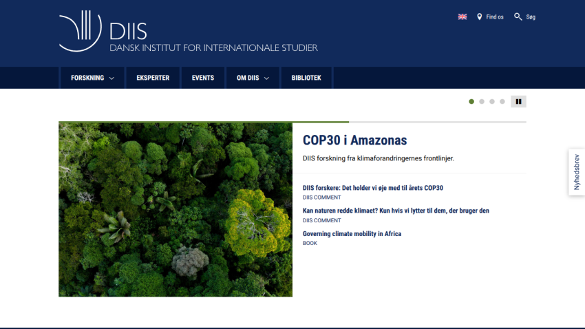 DIIS homepage featuring COP30 in Amazonas with navigation menu and event details