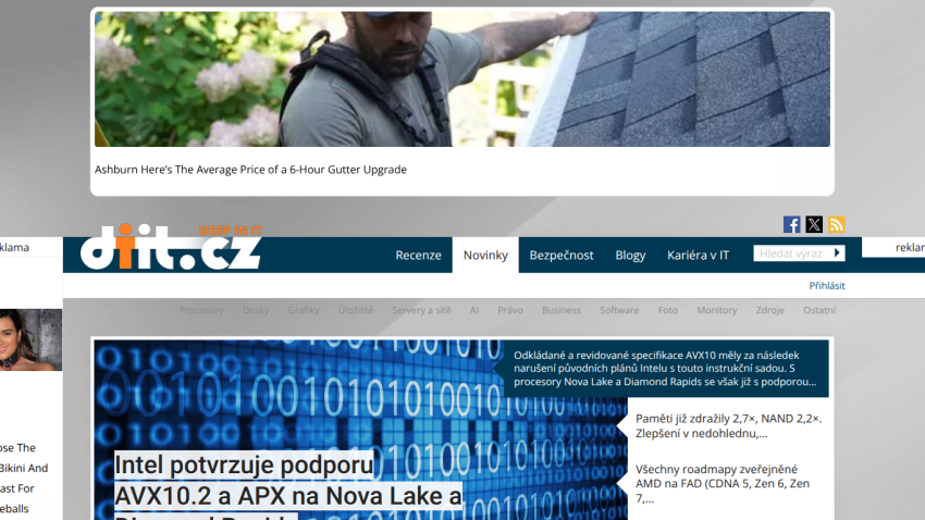 Technology news site with navigation bar and headline about AVX10.2 and Nova Lake support