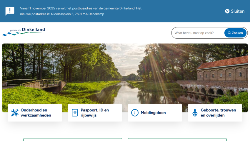 Dinkelland municipality website with search bar, announcement banner, and navigation for services like maintenance, ID, reporting, and life events