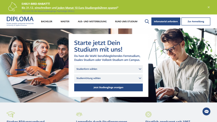 University website promoting flexible study options with a call to action to choose study form and direction
