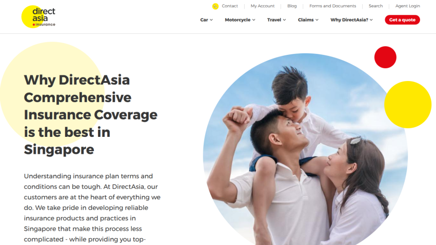DirectAsia insurance homepage highlighting comprehensive coverage in Singapore with family image and navigation menu