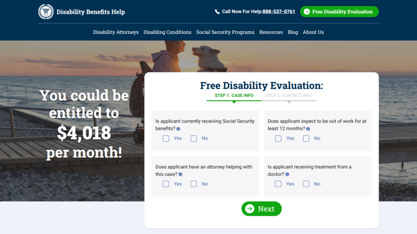 Disability Benefits Help website with a free disability evaluation form and a claim of $4,018 per month entitlement