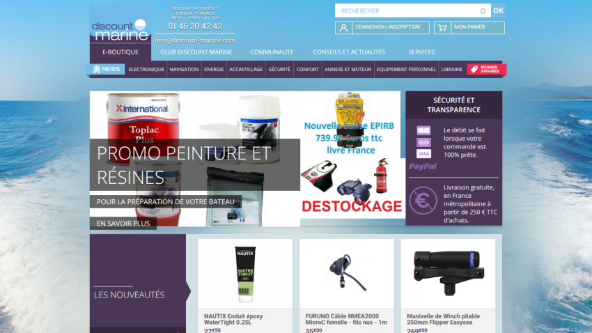 Homepage featuring promotions on paint and resin products with product images and categories.